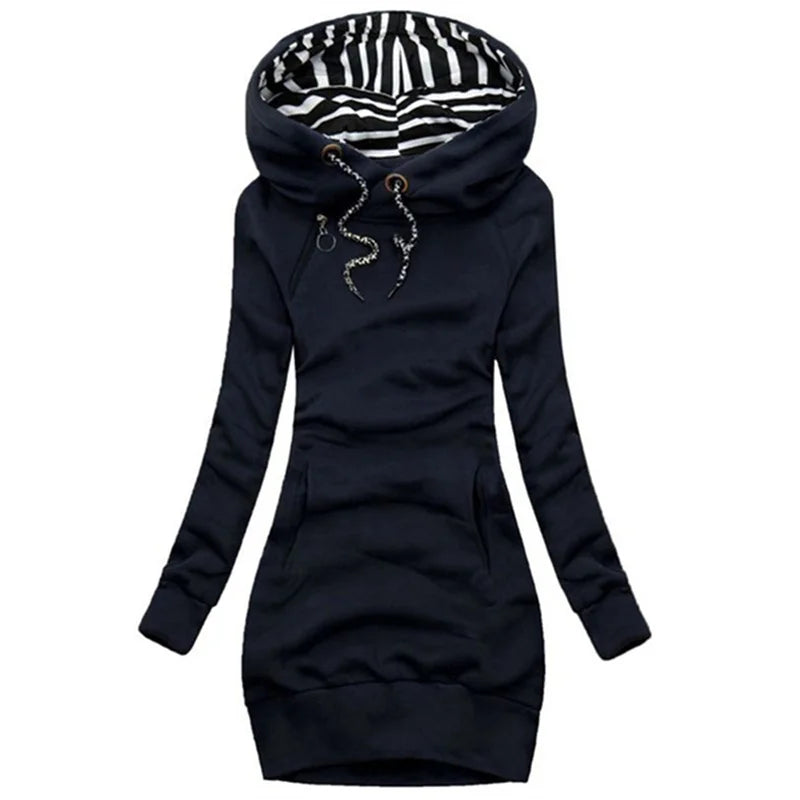 FREEME™ Casual Solid Hoodie Dress - Long Sleeve Drawstring Pullover