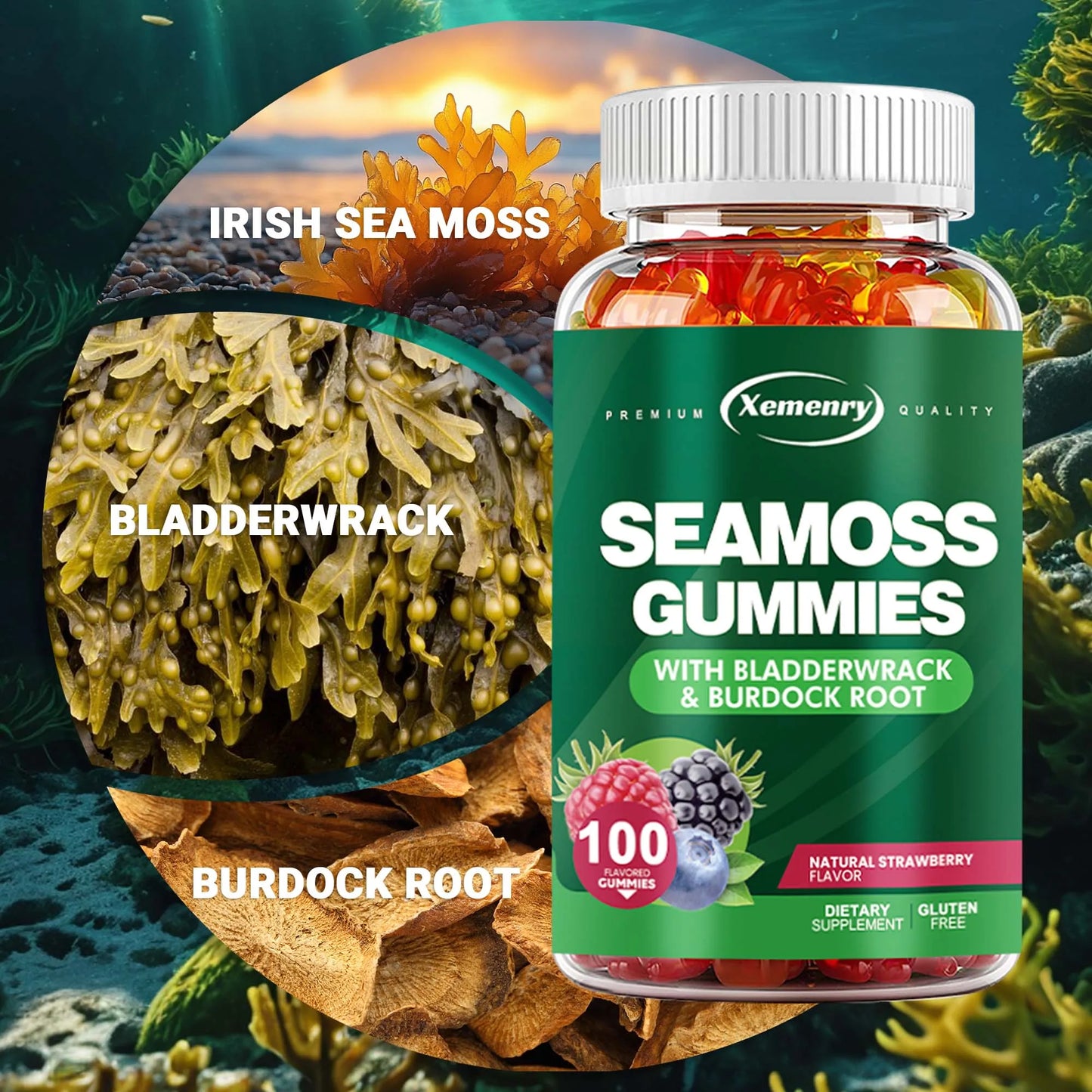 FREEME™ SEAMOSS - Contains Burdock Root and Bladderwrack Seaweed To Enhance Intestinal Health and Immunity - 100 Gummies