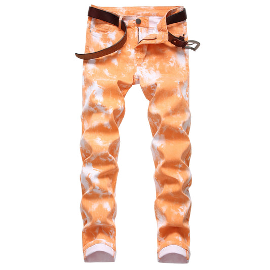 FREEME™ Men's Orange Print Stretch Skinny Jeans - Premium Slim Fit Denim