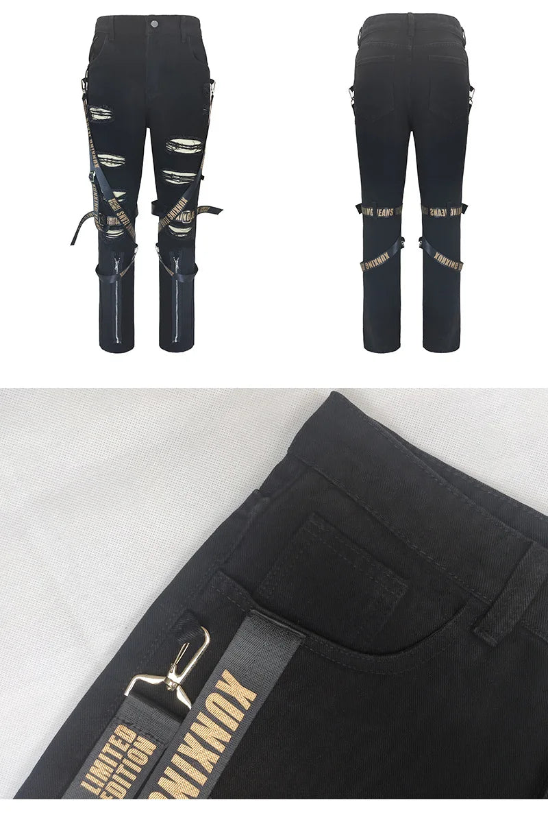 FREEME™ Men's Camo Ripped Straight Jeans - Zipper Detail Mid Waist Streetwear Denim