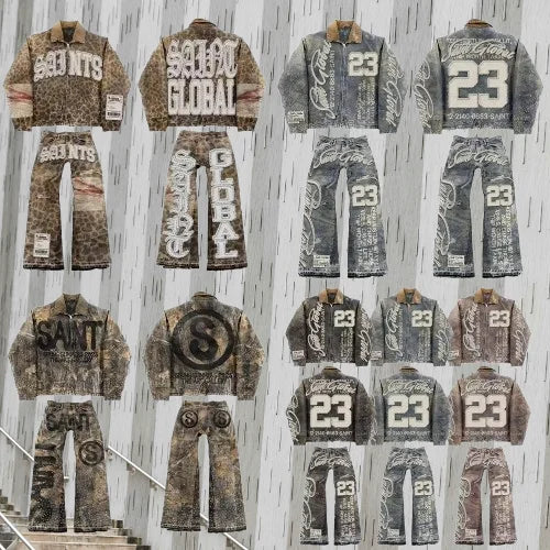 FREEME™ Y2K Denim Jacket & Jeans Set - Hip Hop Patchwork Embroidered Suit