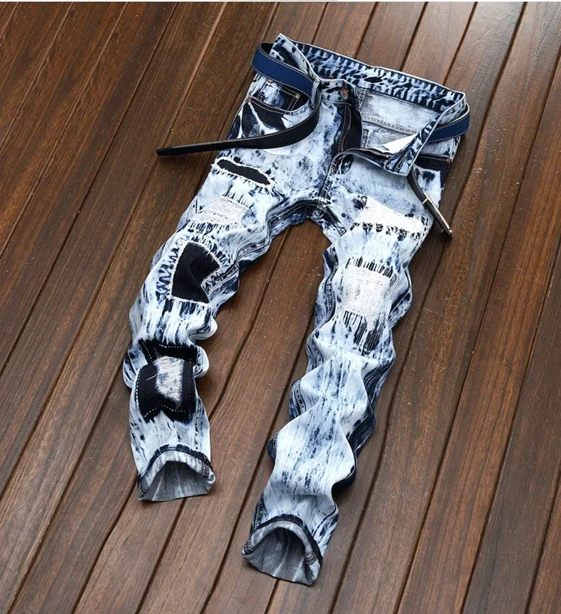 FREEME™ Men's Embroidered Patchwork Ripped Jeans - Slim Fit Motorcycle Denim