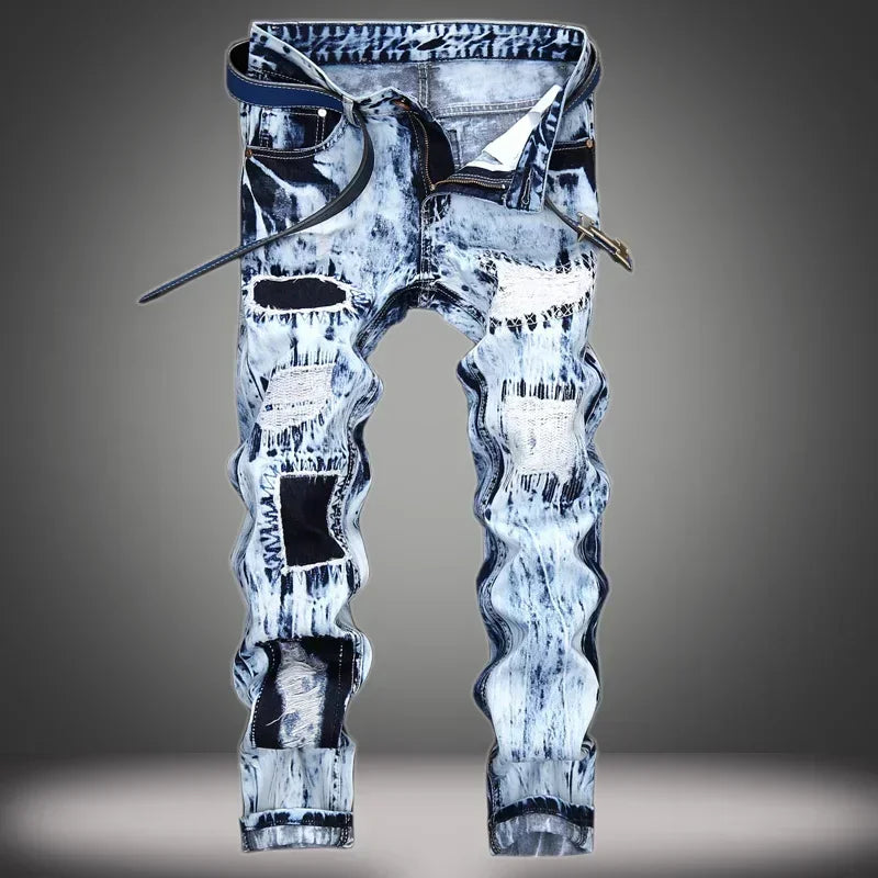 FREEME™ Men's Embroidered Patchwork Ripped Jeans - Slim Fit Motorcycle Denim