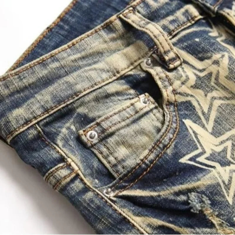 FREEME™ Men's Retro Distressed Patch Slim Fit Jeans - High Street Streetwear Denim