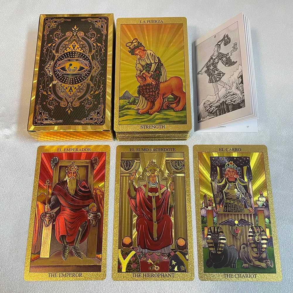 FREEME™ Golden Foil Bilingual Tarot Card Deck - English & Spanish Divination Set with Guide