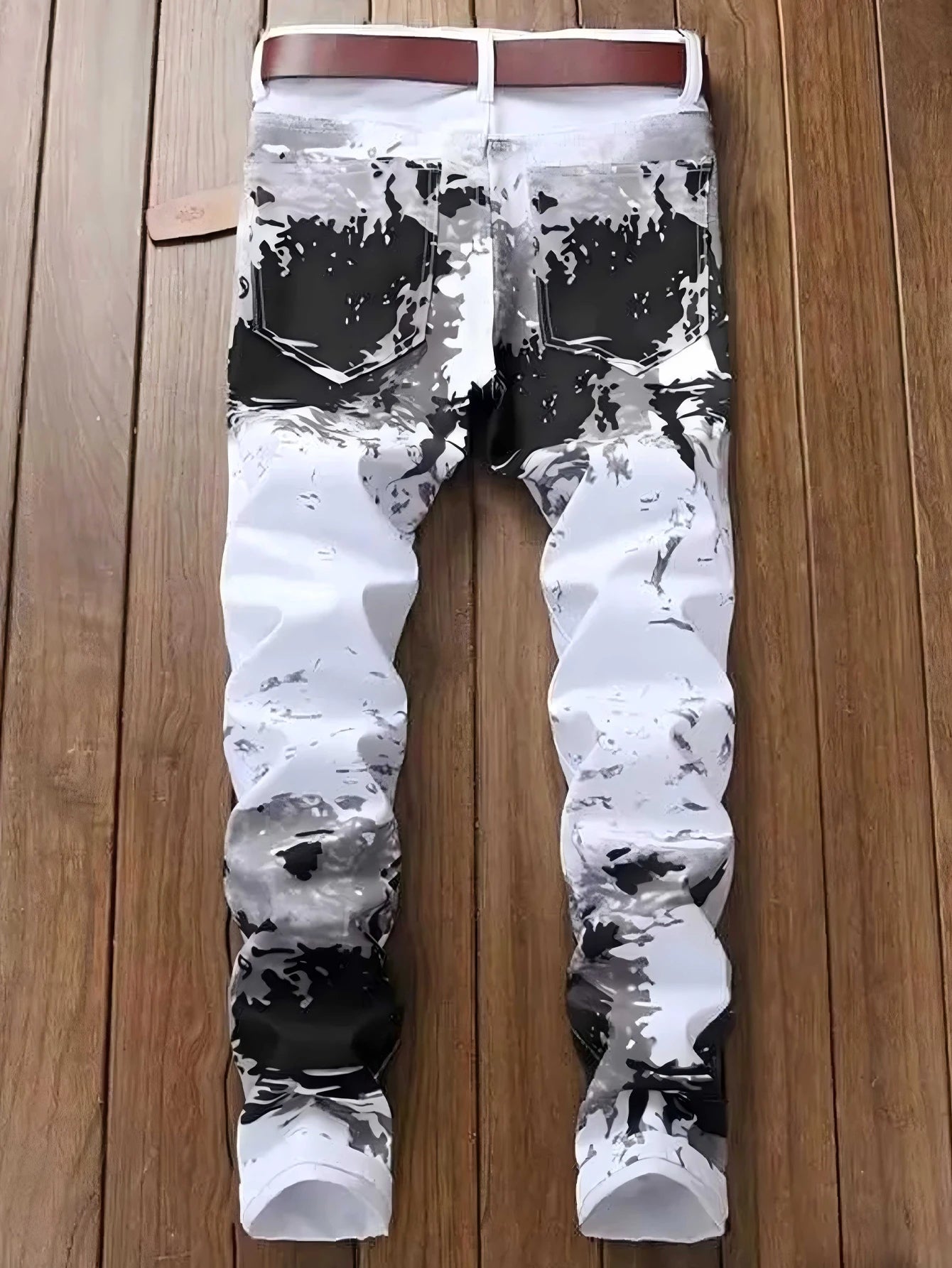 FREEME™ Men's Printed Slim Fit Straight Leg Jeans - Black, Grey & White Denim