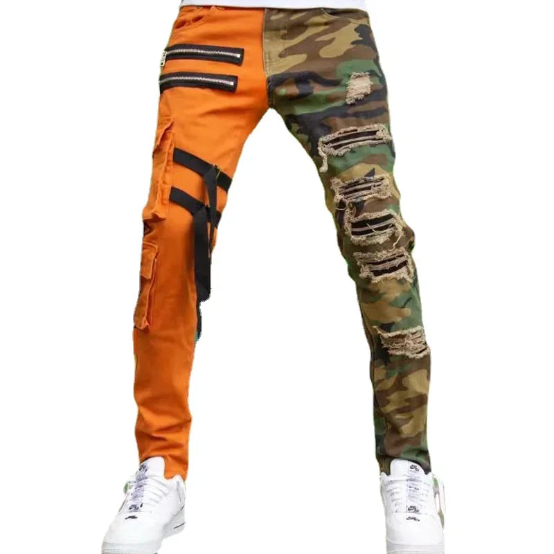 FREEME™ Men's Ripped Camo Color Block Jeans - Slim Fit Straight Leg Overalls