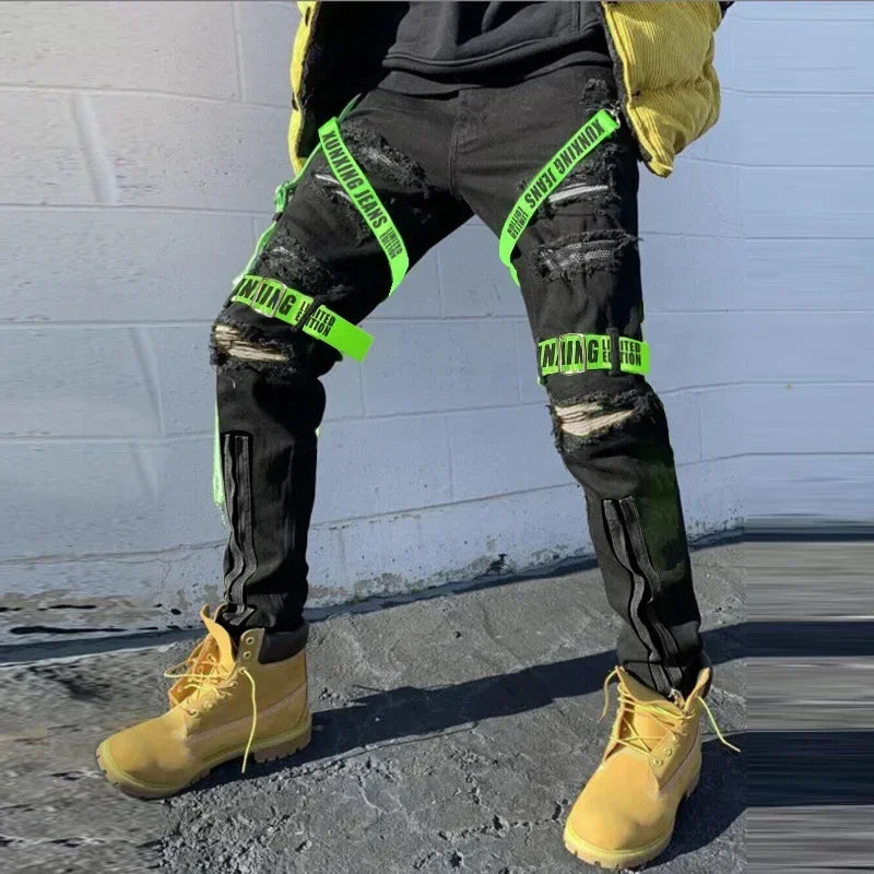 FREEME™ Men's Camo Ripped Straight Jeans - Zipper Detail Mid Waist Streetwear Denim