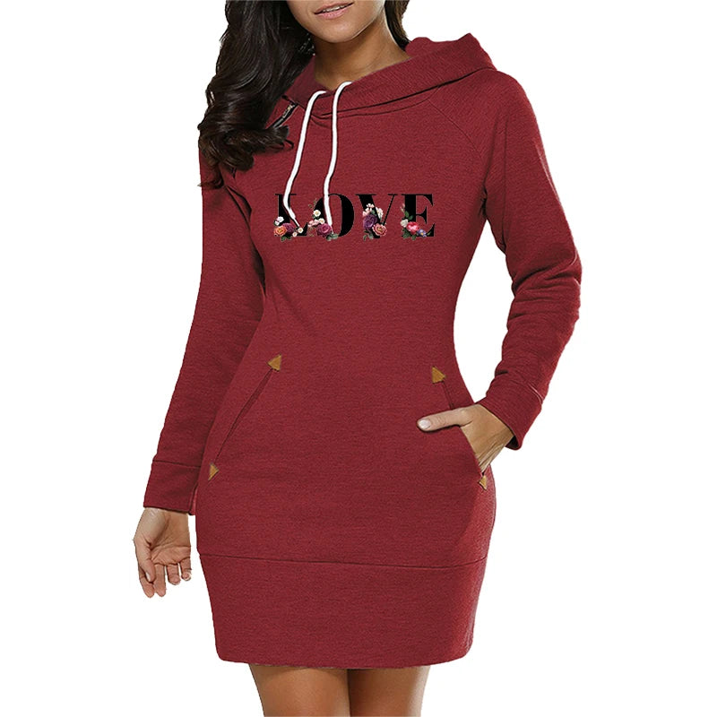 FREEME™ LOVE Letter Hooded Dress - Knee-Length Fleece Casual Frock