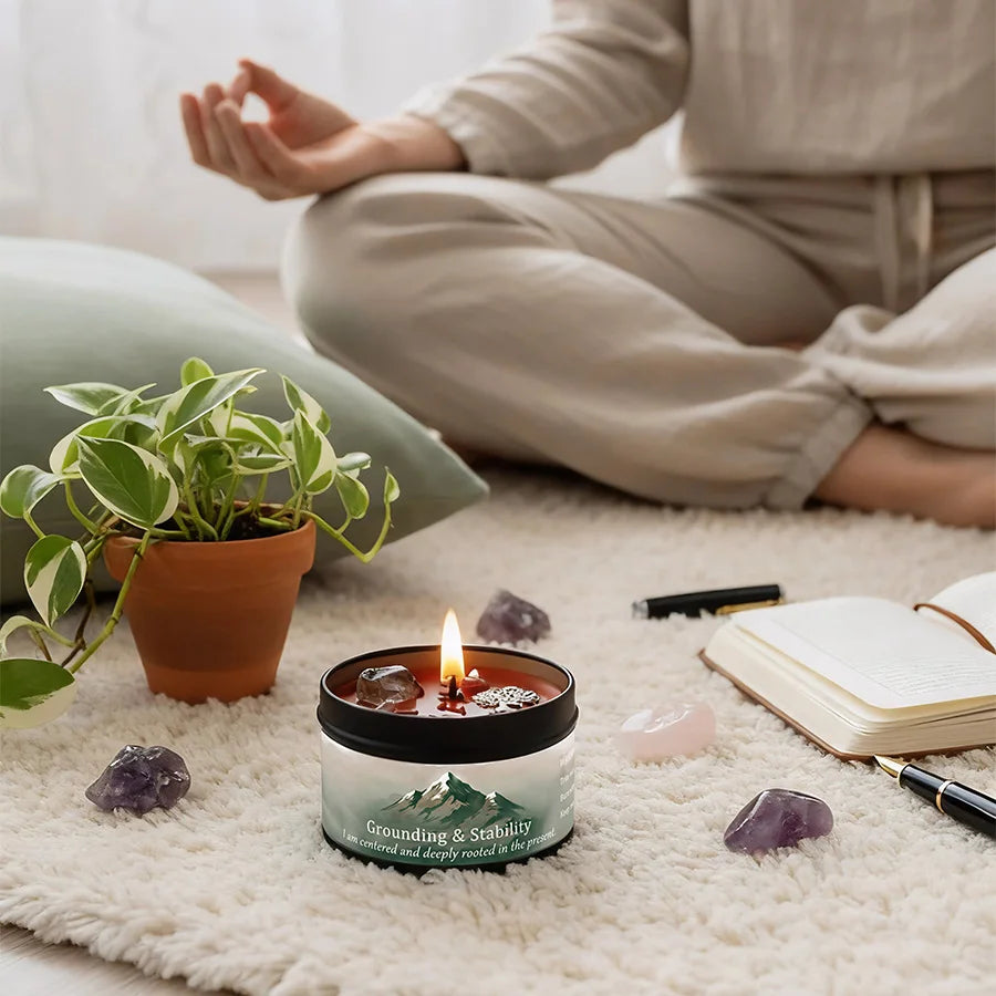 FREEME™ Vetiver & Cedarwood Crystal Candle - 3oz Grounding Scented Candle with Crystals
