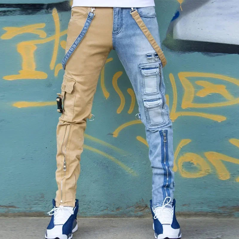 FREEME™ Men's Camo Ripped Straight Jeans - Zipper Detail Mid Waist Streetwear Denim