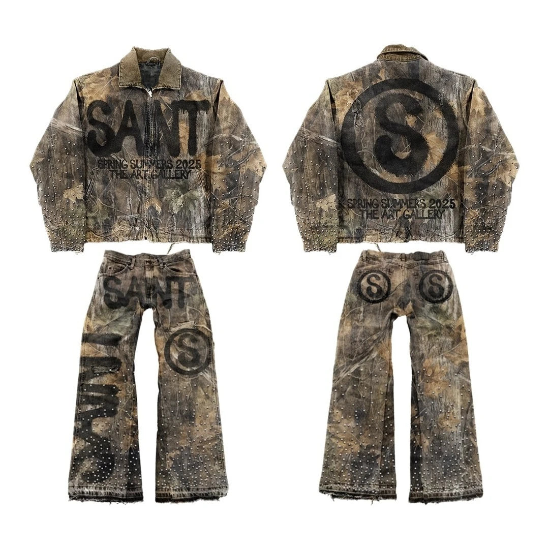 FREEME™ Y2K Denim Jacket & Jeans Set - Hip Hop Patchwork Embroidered Suit