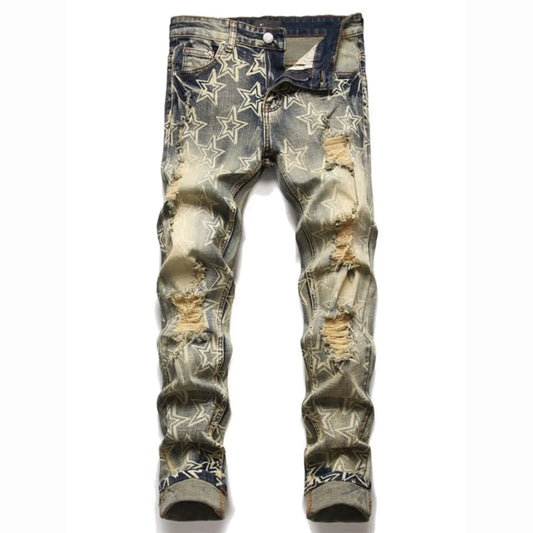FREEME™ Men's Retro Distressed Patch Slim Fit Jeans - High Street Streetwear Denim