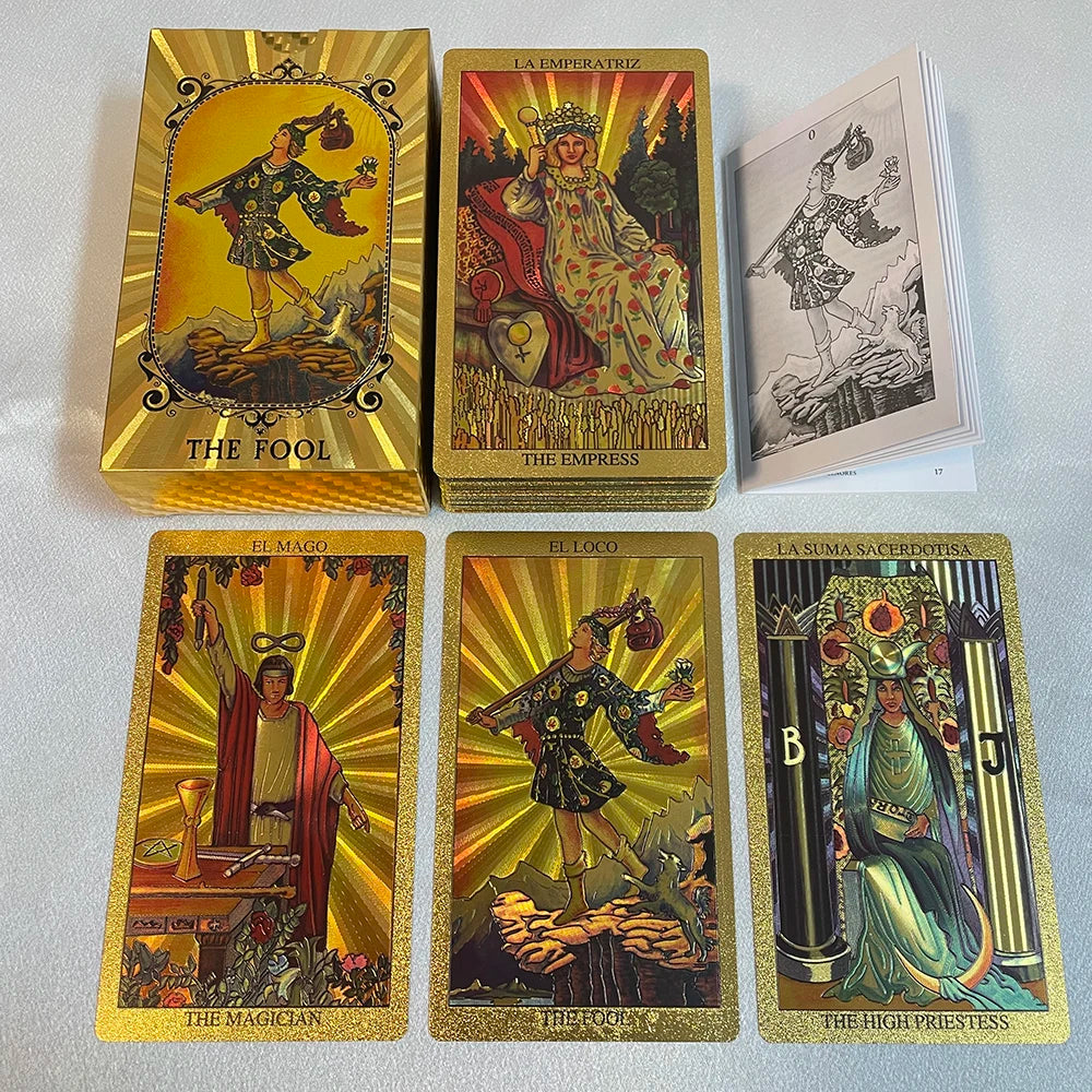 FREEME™ Golden Foil Bilingual Tarot Card Deck - English & Spanish Divination Set with Guide