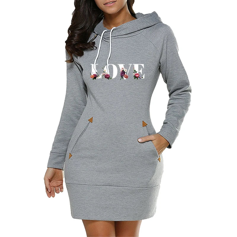 FREEME™ LOVE Letter Hooded Dress - Knee-Length Fleece Casual Frock