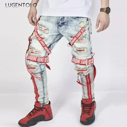 FREEME™ Men's Camo Ripped Straight Jeans - Zipper Detail Mid Waist Streetwear Denim