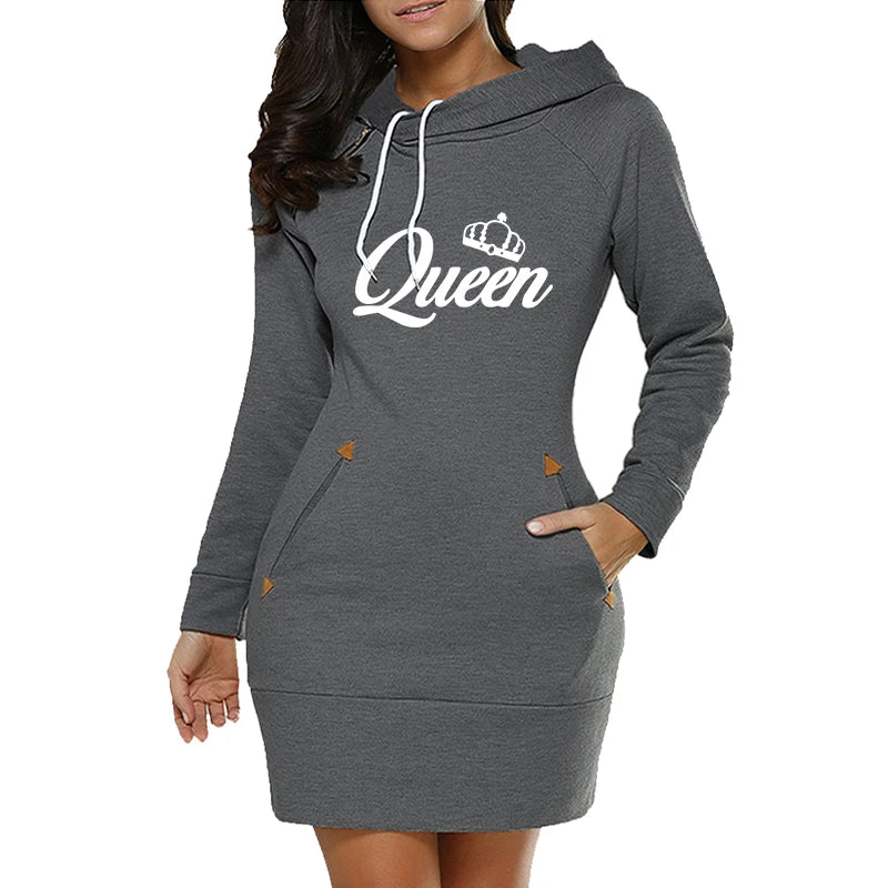 FREEME™ Queen Hooded Dress - Knee-Length Fleece Casual Frock