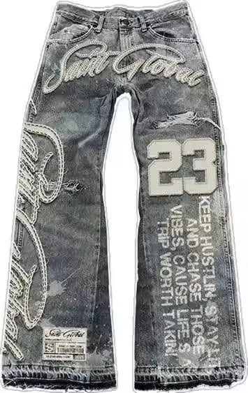FREEME™ Y2K Denim Jacket & Jeans Set - Hip Hop Patchwork Embroidered Suit