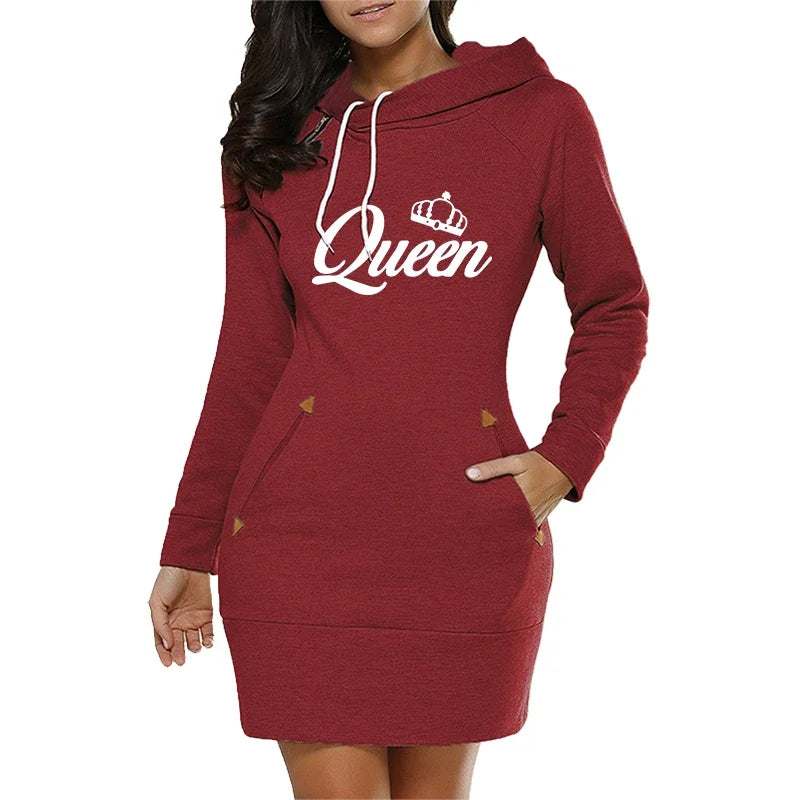 FREEME™ Queen Hooded Dress - Knee-Length Fleece Casual Frock