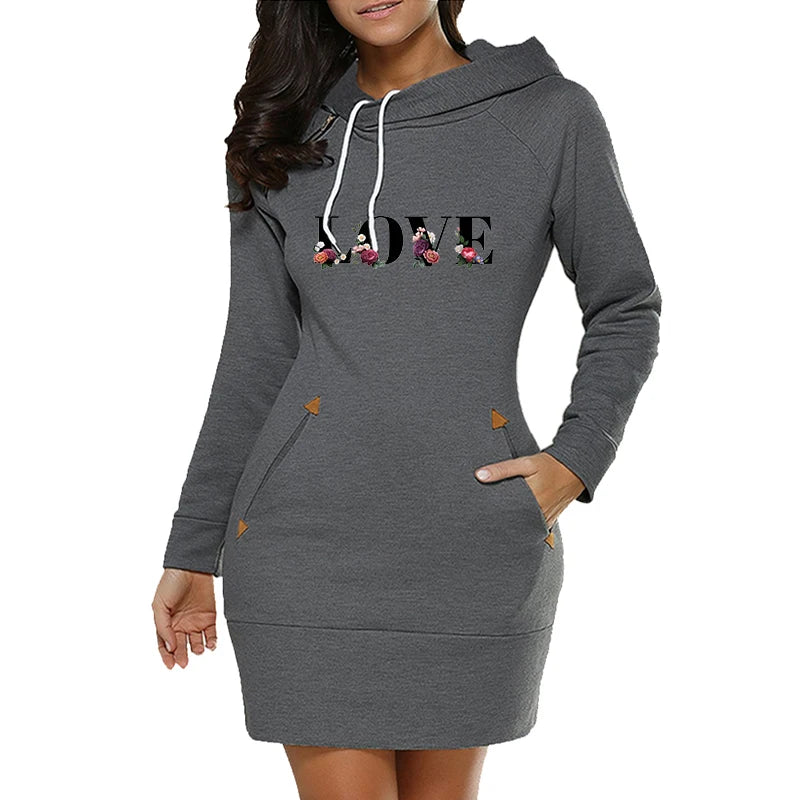 FREEME™ LOVE Letter Hooded Dress - Knee-Length Fleece Casual Frock