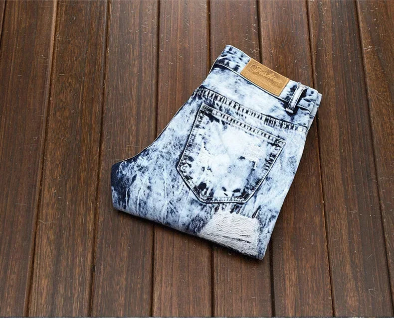 FREEME™ Men's Embroidered Patchwork Ripped Jeans - Slim Fit Motorcycle Denim