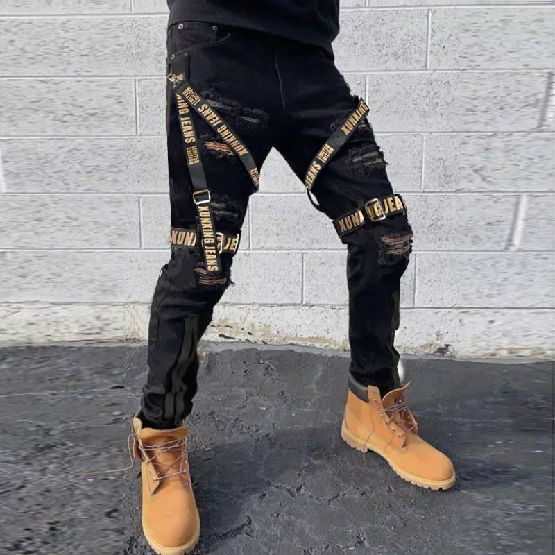 FREEME™ Men's Camo Ripped Straight Jeans - Zipper Detail Mid Waist Streetwear Denim