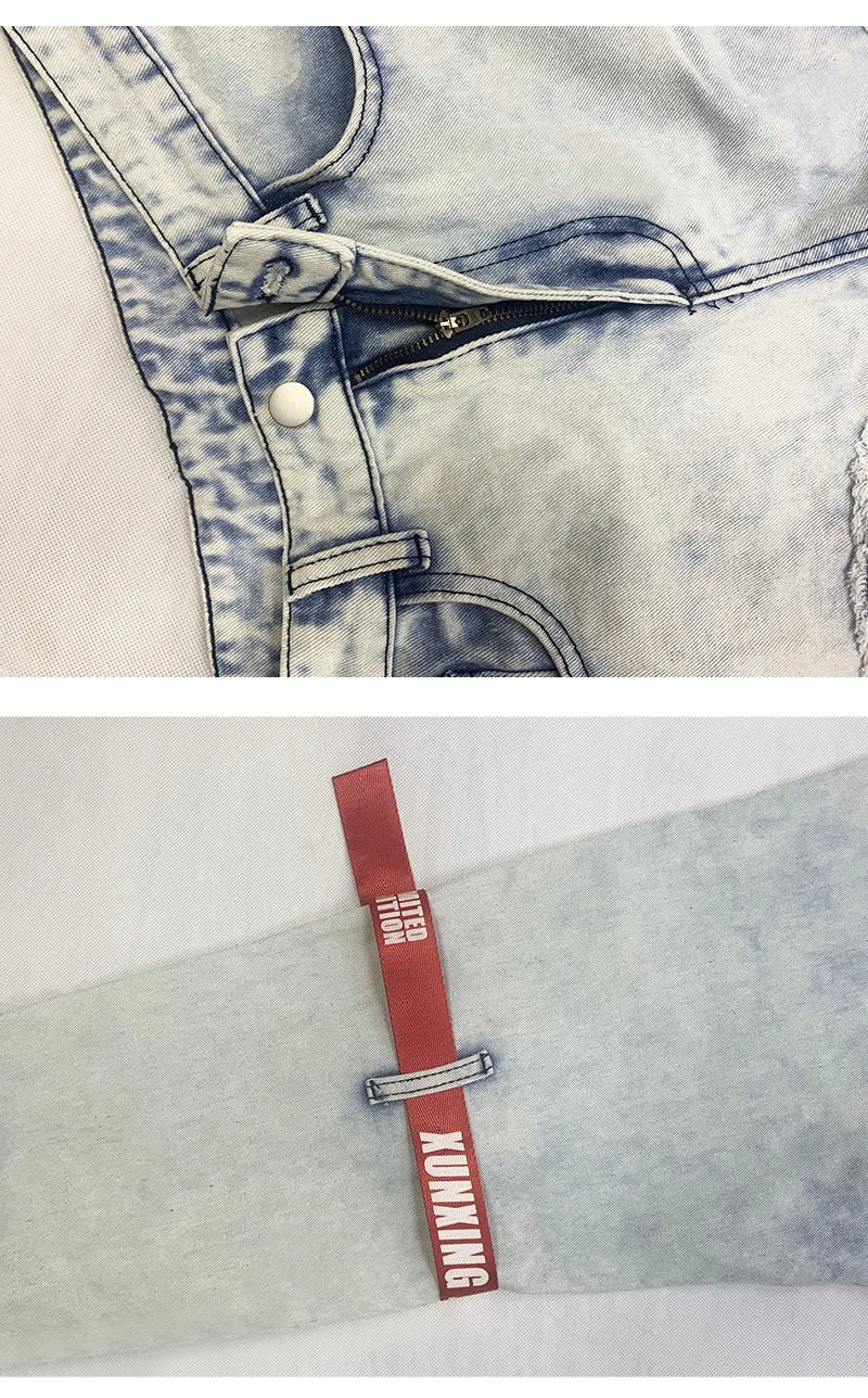 FREEME™ Men's Camo Ripped Straight Jeans - Zipper Detail Mid Waist Streetwear Denim