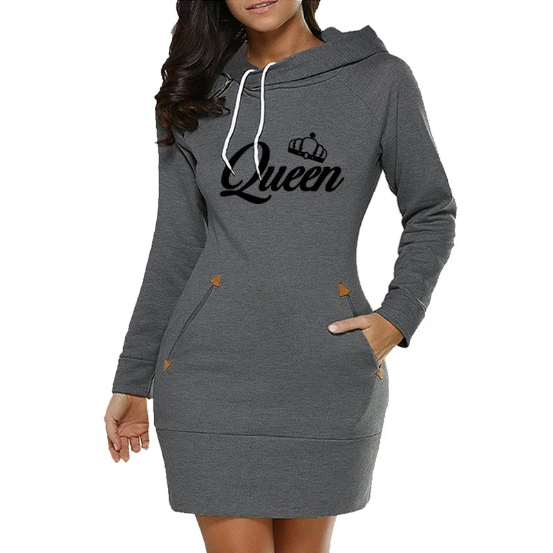 FREEME™ Queen Hooded Dress - Knee-Length Fleece Casual Frock