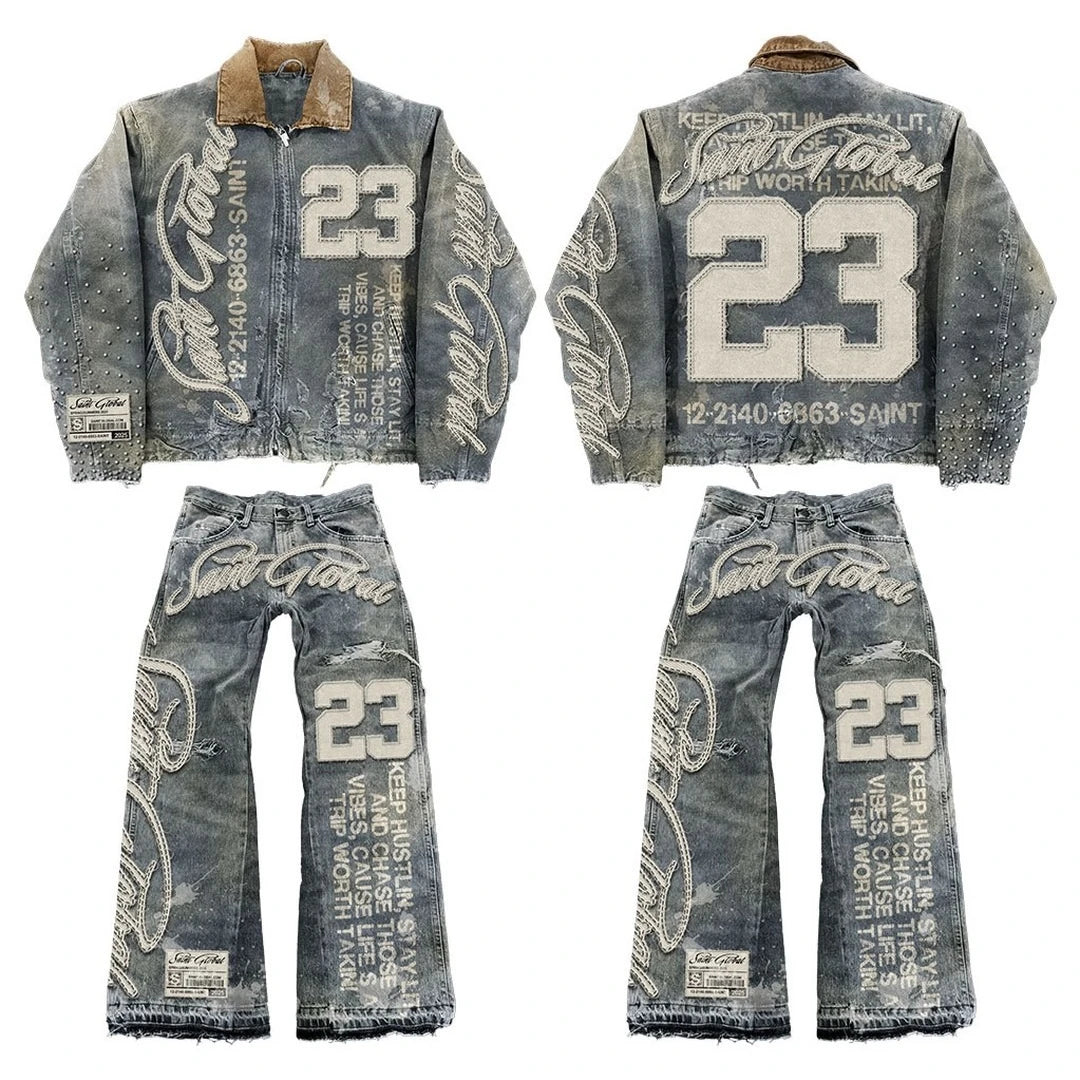 FREEME™ Y2K Denim Jacket & Jeans Set - Hip Hop Patchwork Embroidered Suit