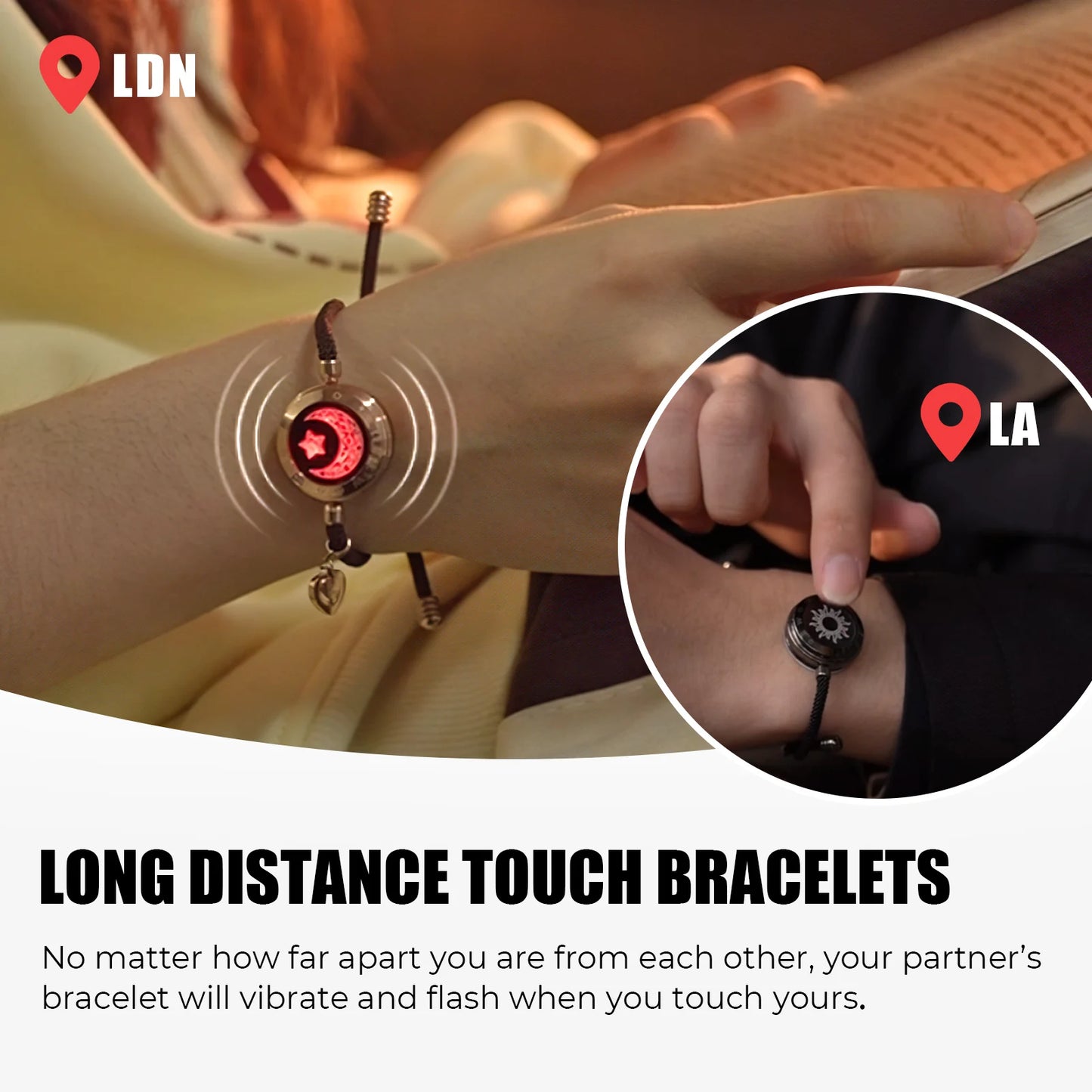 FREEME™ Long Distance Touch Bracelets for Couples - Light Up & Vibrate Smart Sun & Moon Love Bracelet Set