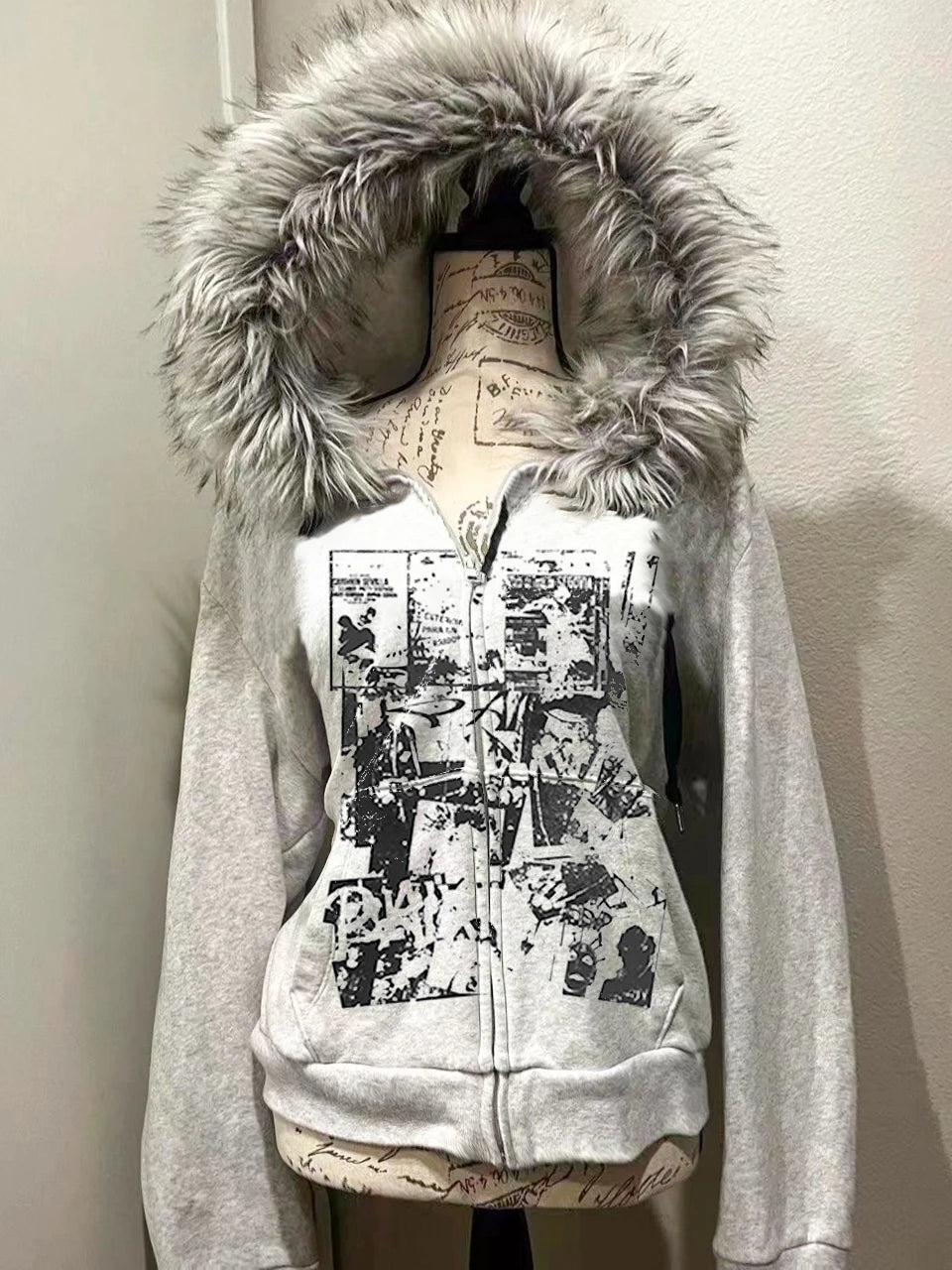 FREEME™ Grey Faux Fur Zipper Jacket - Y2K Vintage Hoodie | Slim Waist