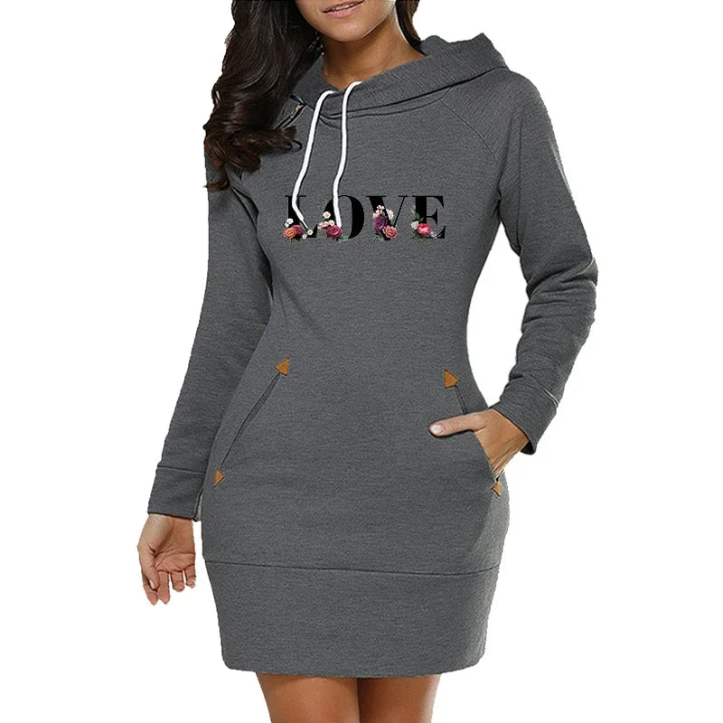 FREEME™ LOVE Letter Hooded Dress - Knee-Length Fleece Casual Frock