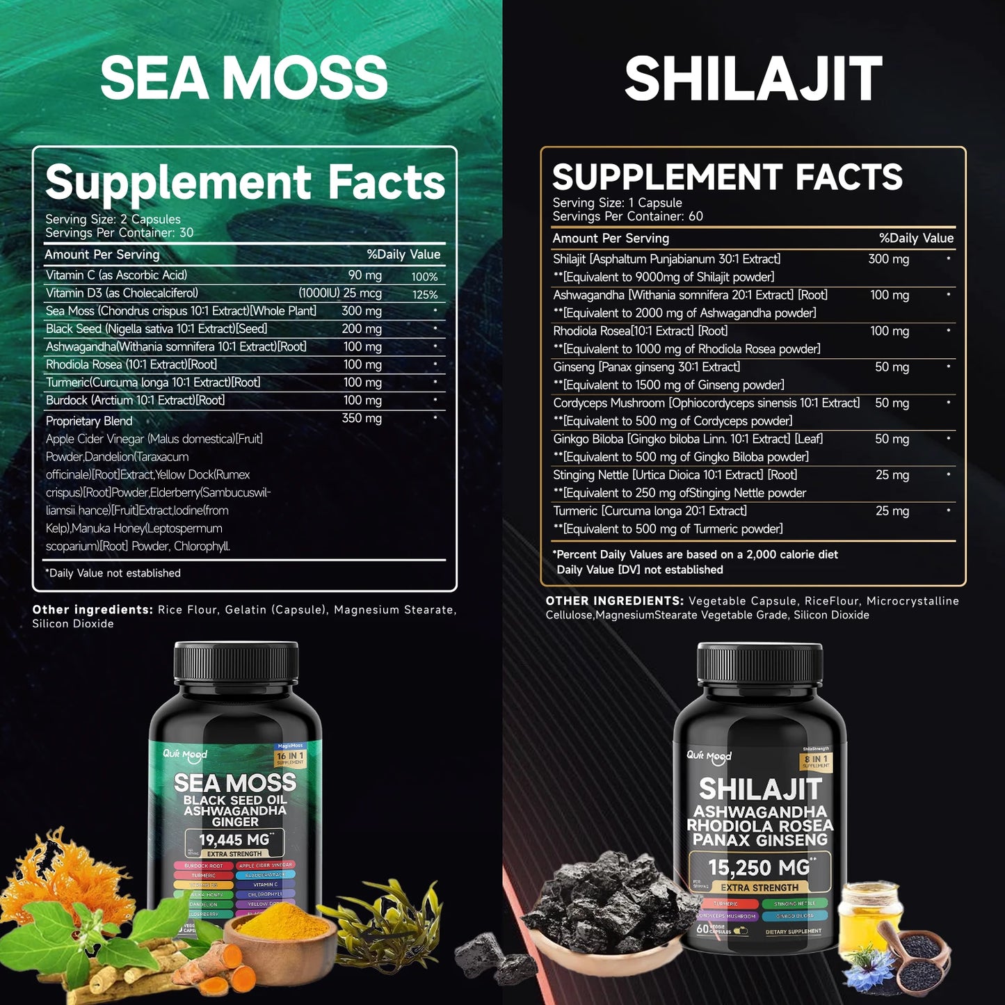 FREEME™ Sea Moss and shilajit Bundle 120 capsules, with Seamoss, Black Seed Oil, Ashwagandha, Ginger, Burdock Root, Turmeric, Black Pepp