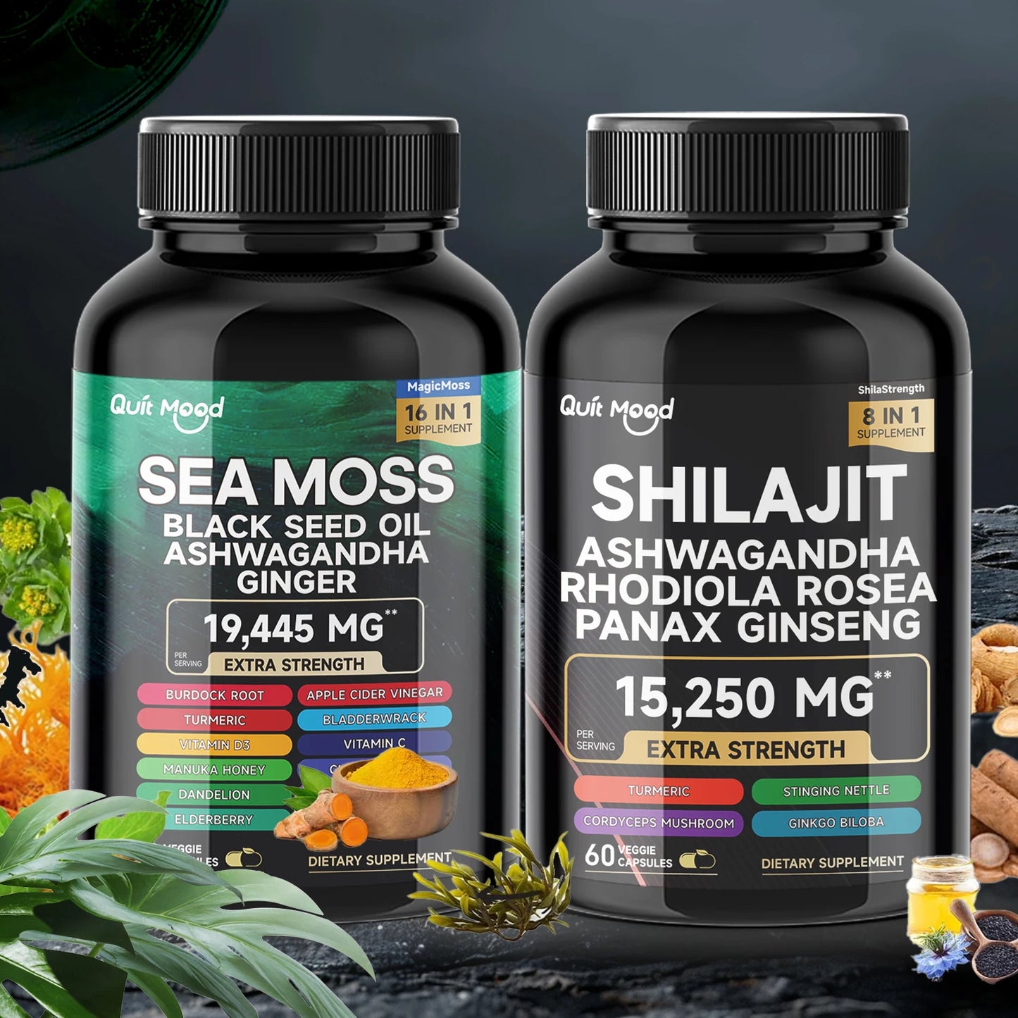 FREEME™ Sea Moss and shilajit Bundle 120 capsules, with Seamoss, Black Seed Oil, Ashwagandha, Ginger, Burdock Root, Turmeric, Black Pepp