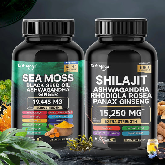 FREEME™ Sea Moss and shilajit Bundle 120 capsules, with Seamoss, Black Seed Oil, Ashwagandha, Ginger, Burdock Root, Turmeric, Black Pepp