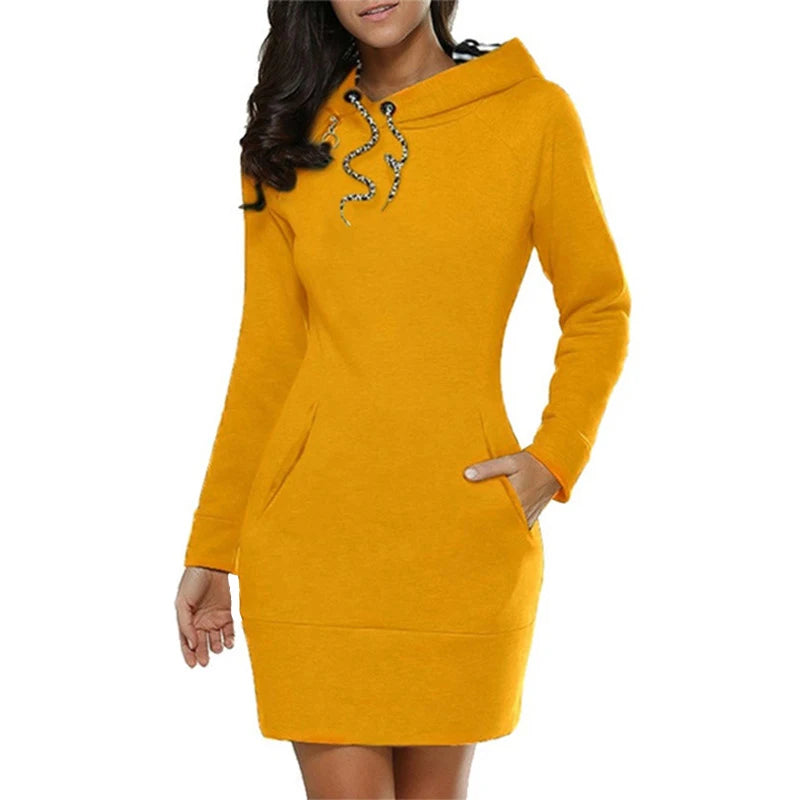 FREEME™ Casual Solid Hoodie Dress - Long Sleeve Drawstring Pullover