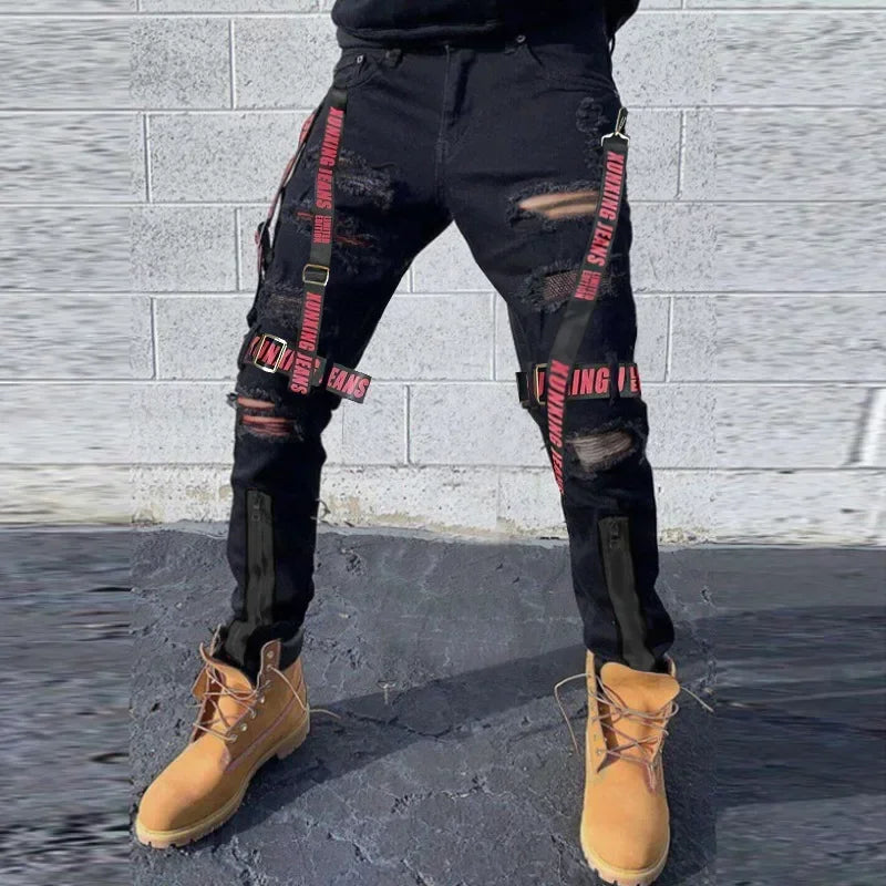 FREEME™ Men's Camo Ripped Straight Jeans - Zipper Detail Mid Waist Streetwear Denim