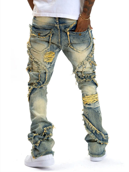 FREEME™ Men's Punk Ripped Flared Jeans - Retro Tassel Elastic Streetwear