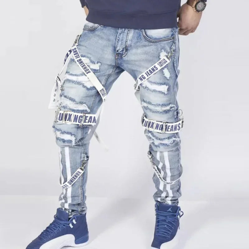 FREEME™ Men's Camo Ripped Straight Jeans - Zipper Detail Mid Waist Streetwear Denim
