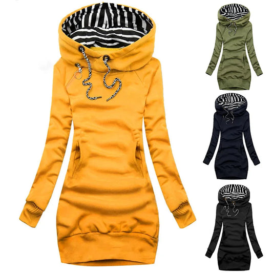FREEME™ Casual Solid Hoodie Dress - Long Sleeve Drawstring Pullover