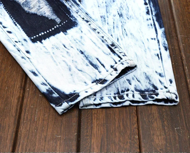FREEME™ Men's Embroidered Patchwork Ripped Jeans - Slim Fit Motorcycle Denim
