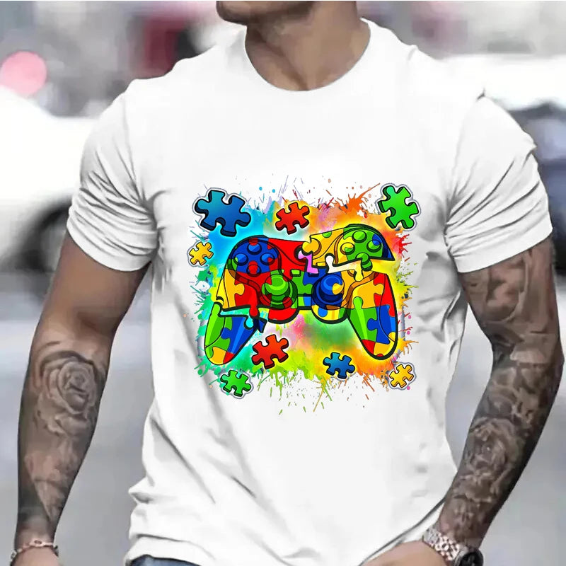FREEME™ Autism Awareness Video Game Controller T-Shirt - Short Sleeve Summer Tee for Boys & Men