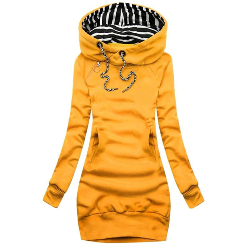 FREEME™ Casual Solid Hoodie Dress - Long Sleeve Drawstring Pullover
