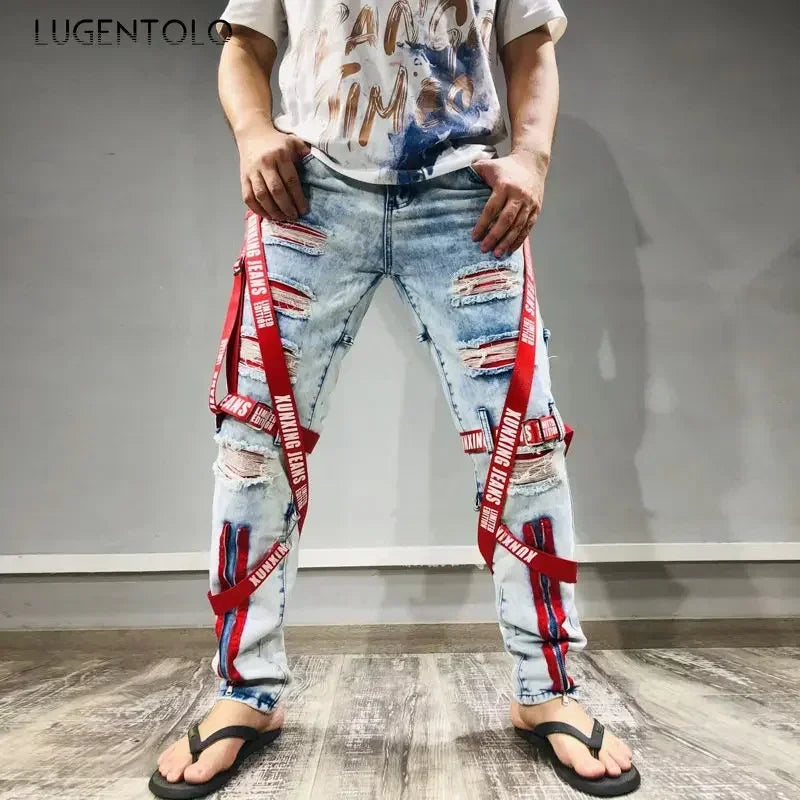 FREEME™ Men's Camo Ripped Straight Jeans - Zipper Detail Mid Waist Streetwear Denim