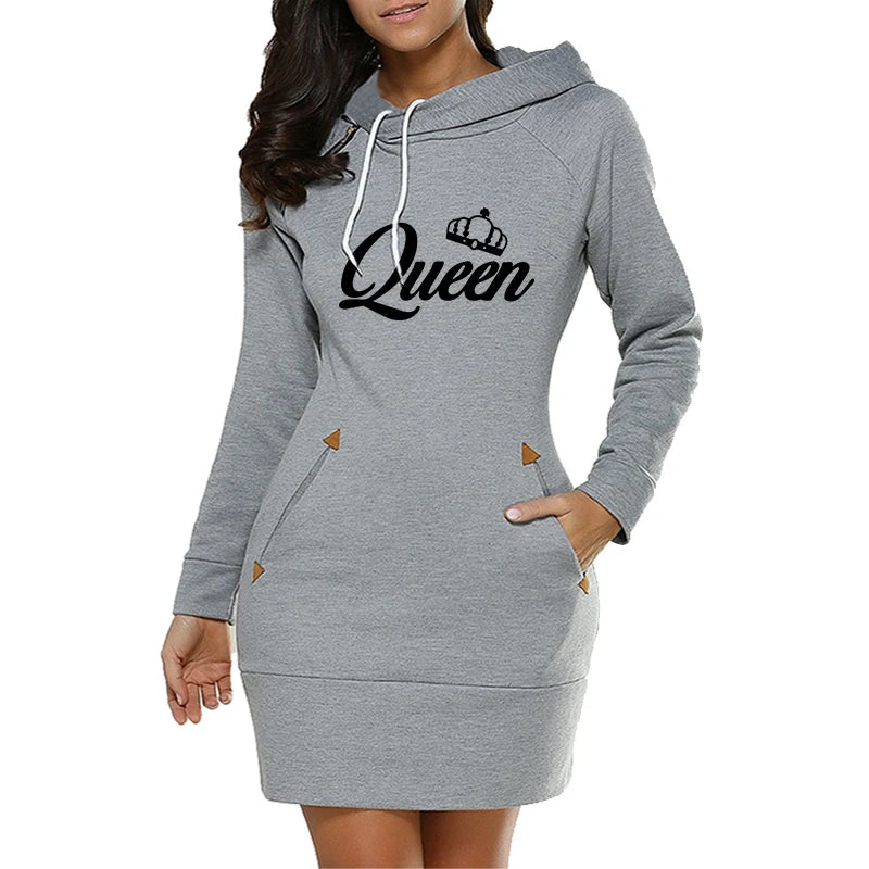 FREEME™ Queen Hooded Dress - Knee-Length Fleece Casual Frock