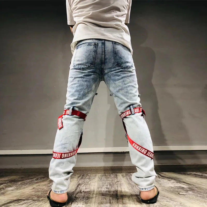 FREEME™ Men's Camo Ripped Straight Jeans - Zipper Detail Mid Waist Streetwear Denim