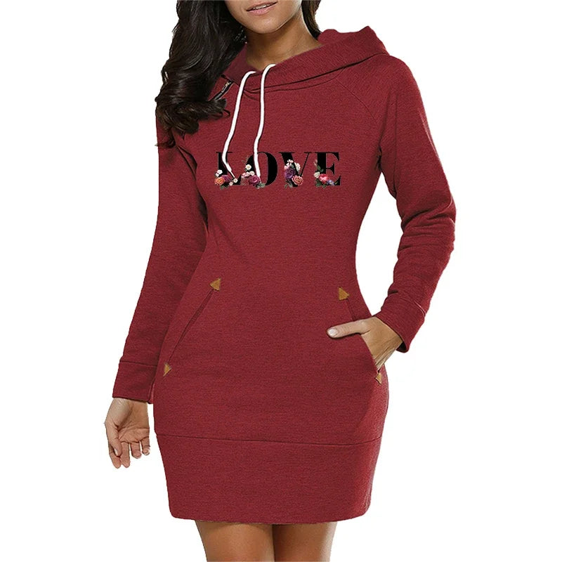 FREEME™ LOVE Letter Hooded Dress - Knee-Length Fleece Casual Frock