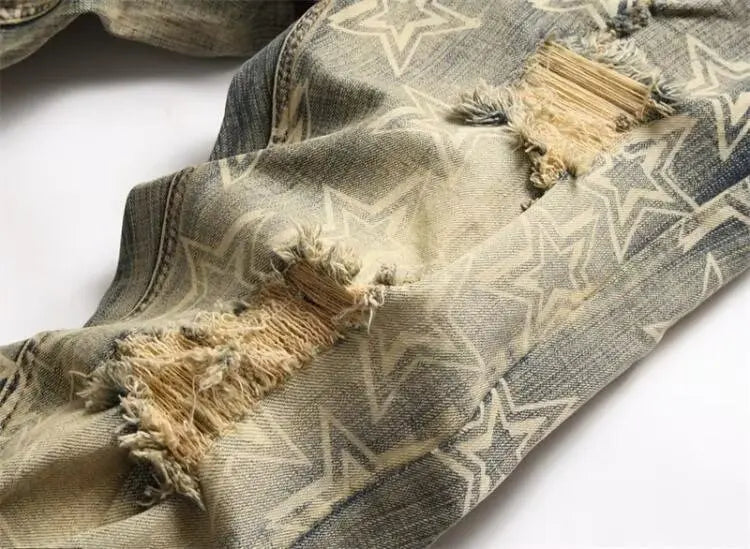 FREEME™ Men's Retro Distressed Patch Slim Fit Jeans - High Street Streetwear Denim