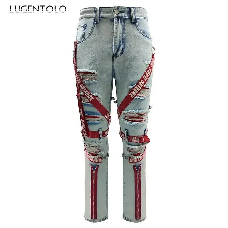 FREEME™ Men's Camo Ripped Straight Jeans - Zipper Detail Mid Waist Streetwear Denim