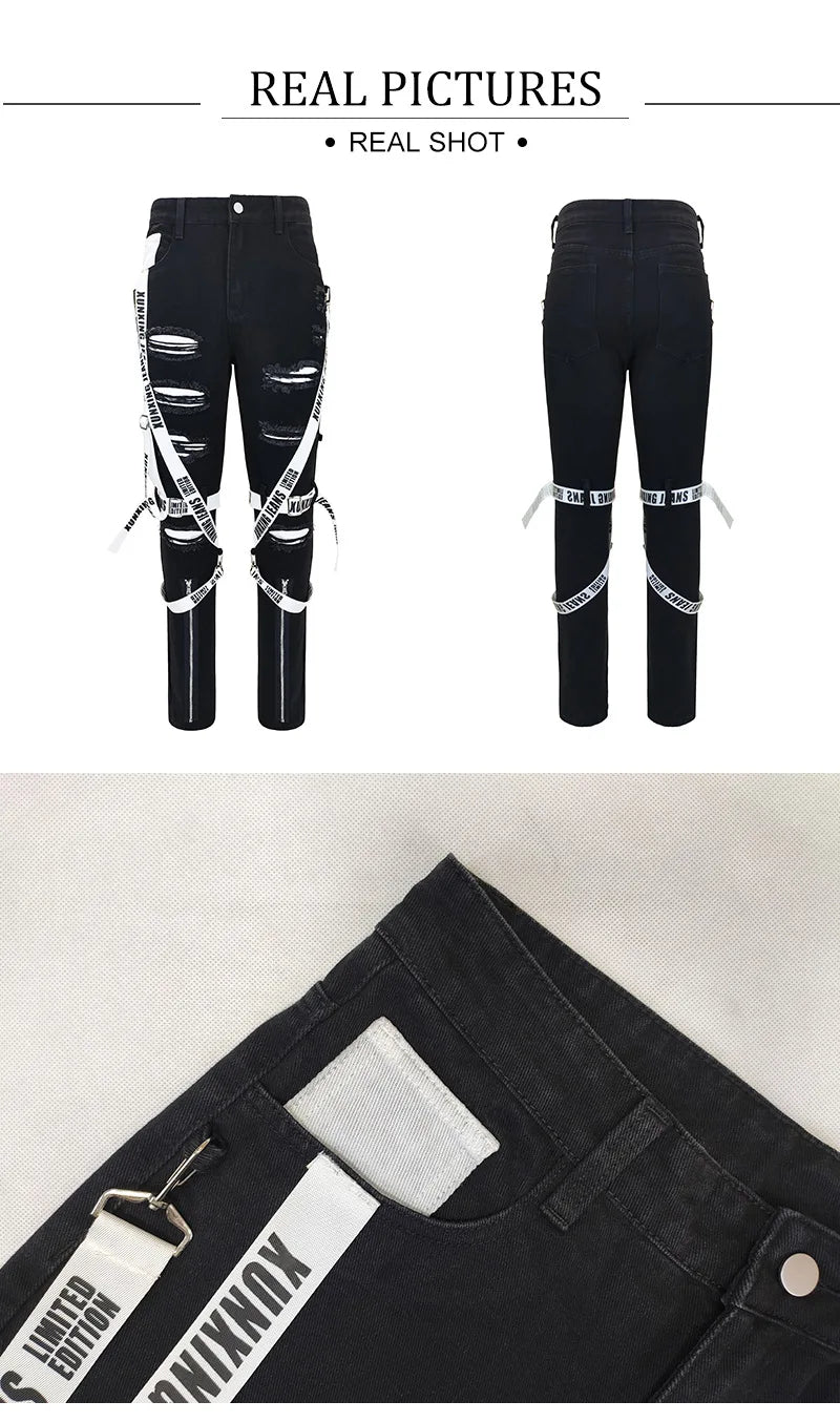 FREEME™ Men's Camo Ripped Straight Jeans - Zipper Detail Mid Waist Streetwear Denim